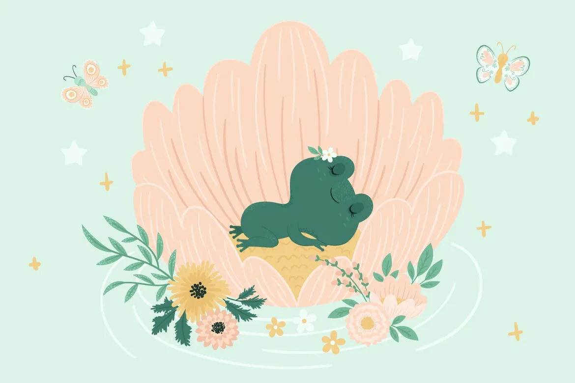 可爱小青蛙手绘矢量图形素材库精选设计素材 Cute Little Frogs Vector Graphic Set插图(1)