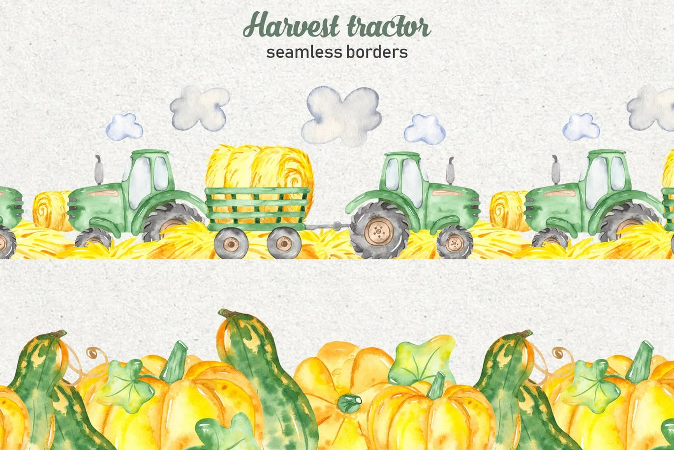 拖拉机农场收获季节主题水彩手绘剪贴画/卡片/无缝图案背景素材 Watercolor harvest tractor Clipart, cards, pattern插图(3)