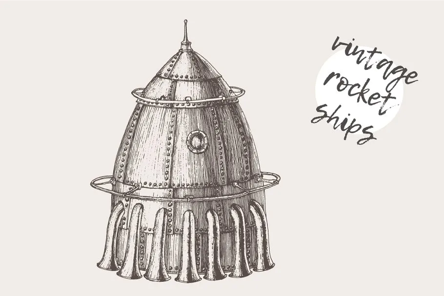 蒸汽朋克火箭船素描图形素材 Set of steam punk rocket ships