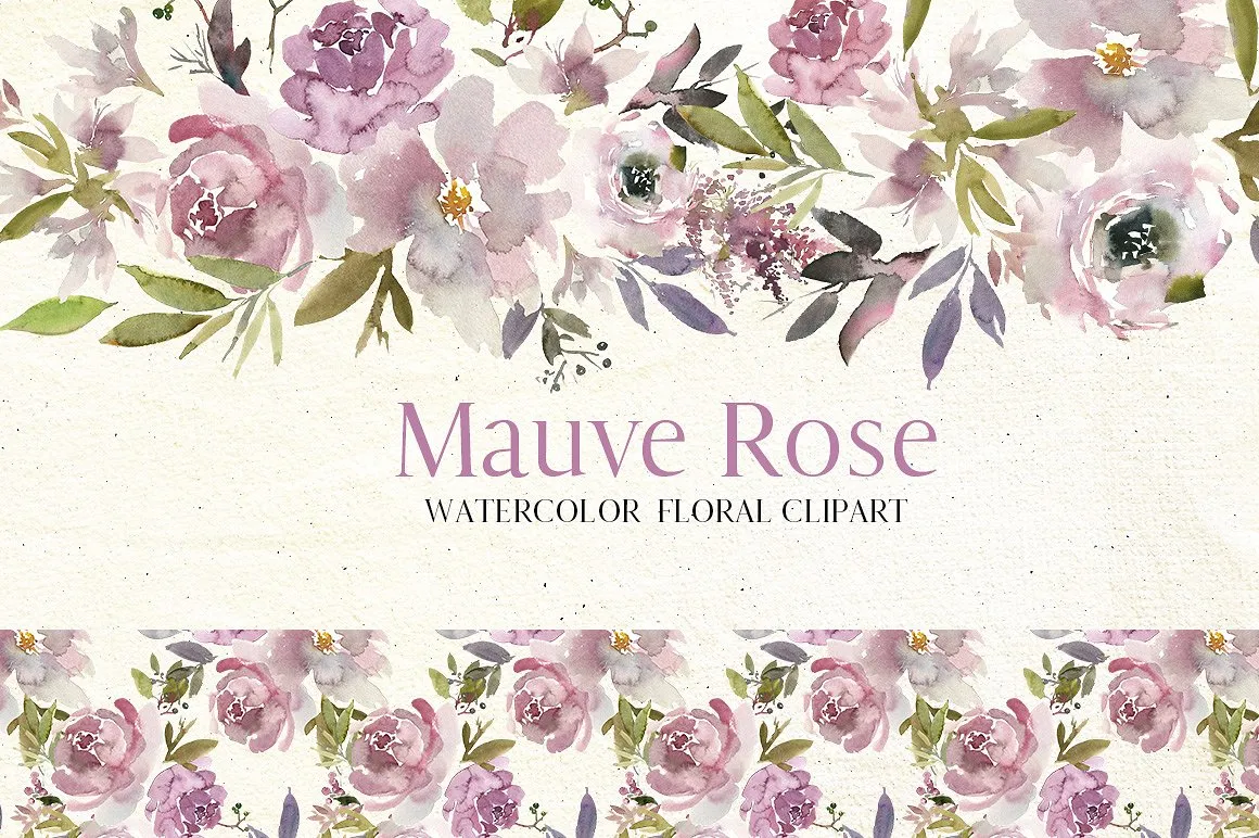 淡紫色玫瑰水彩花卉剪贴画 Mauve Rose Watercolor Floral Clipart