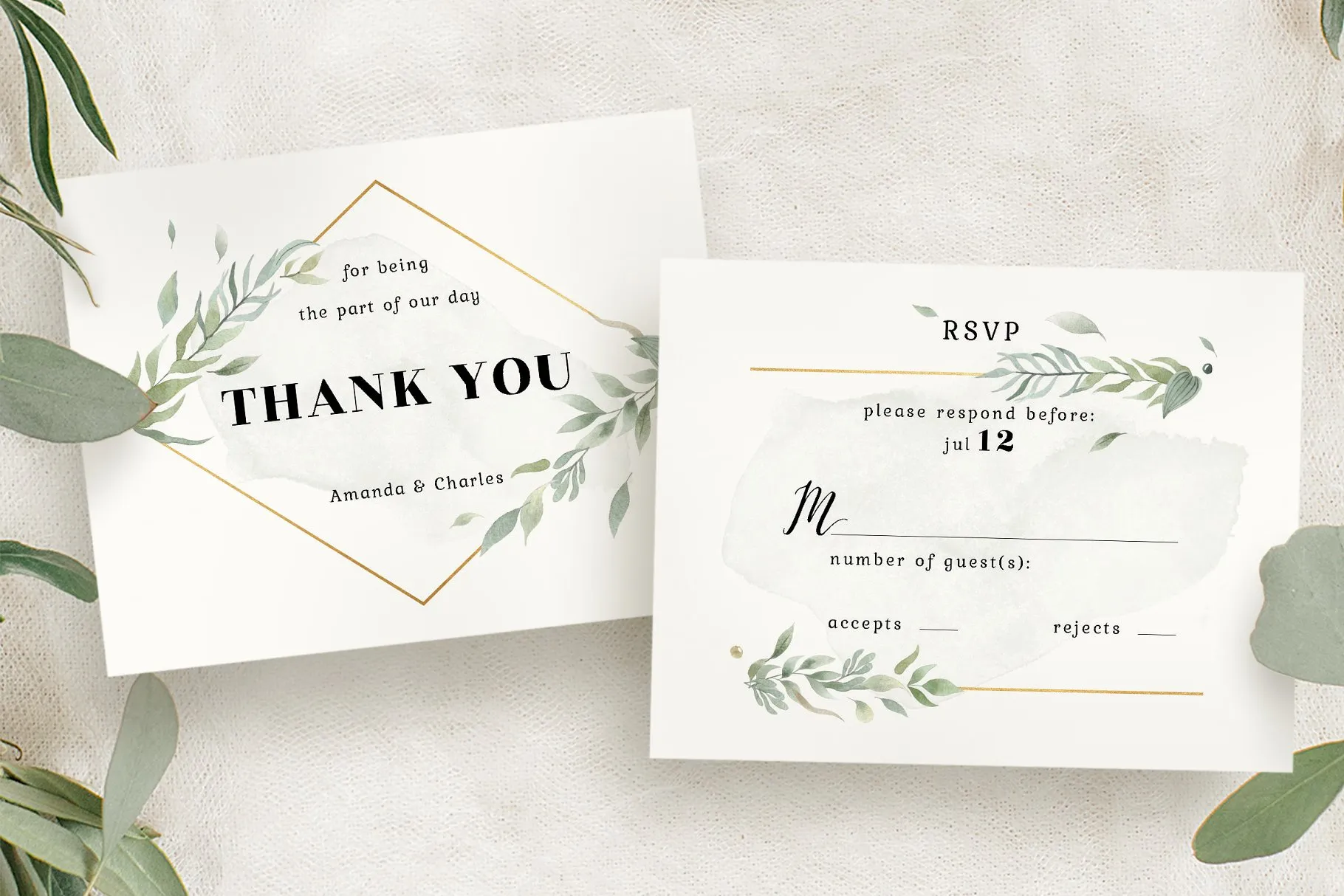 黄金几何线条水彩风婚礼邀请函设计套件 Modern Gold Foliage Wedding Suite插图(2)