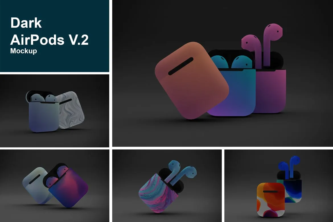 暗色背景AirPods无线耳机外观设计像素设计精选样机v2 Dark AirPods Mockup V.2