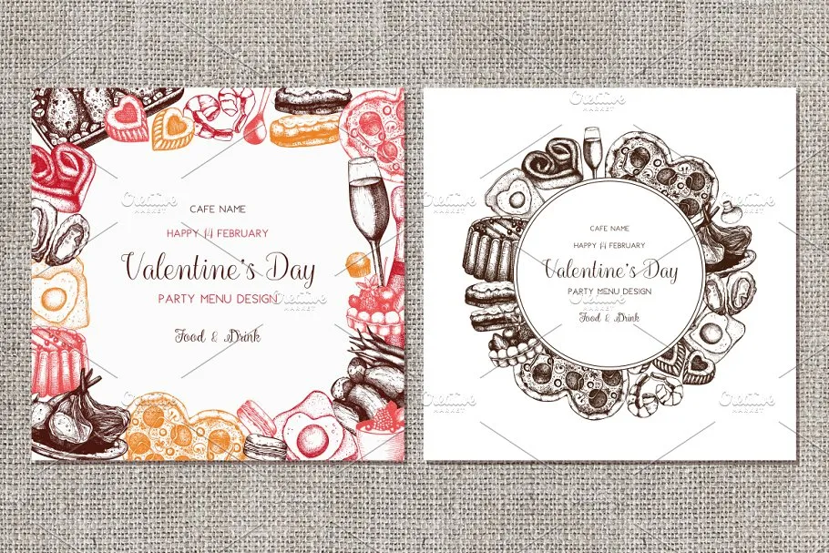 情人节主题配色食品和饮料手绘插画 Food & Drinks for Valentine’s Day插图(4)