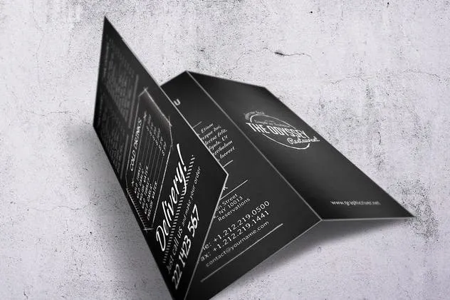 黑色复古排版餐厅菜单PSD模板 Odyssey A4 Trifold Menu插图(1)