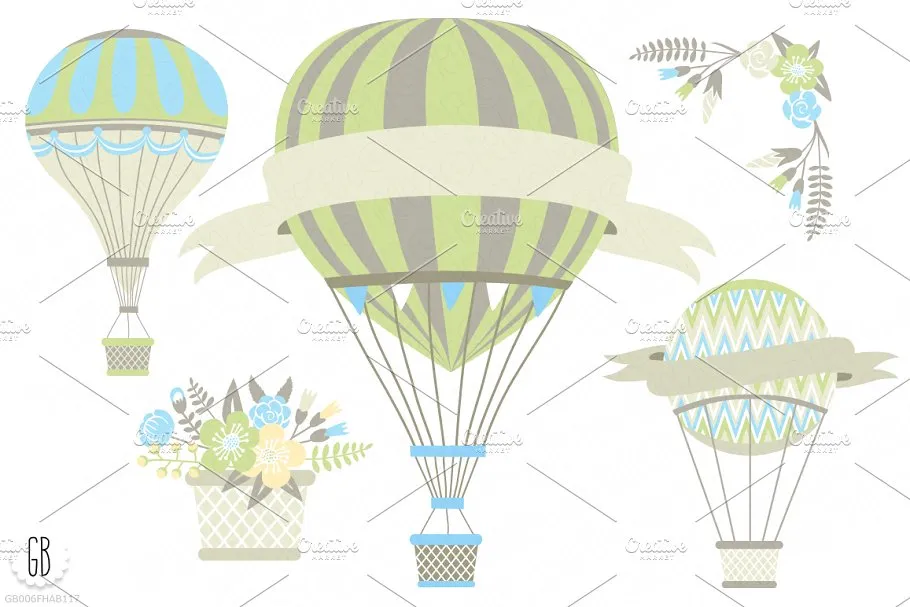 热气球婴儿主题剪贴画素材 Hot air balloon baby shower invite插图(1)