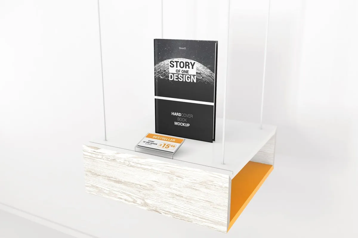 精装图书展柜样机模板 Hardcover Book With Price Tag Mockups