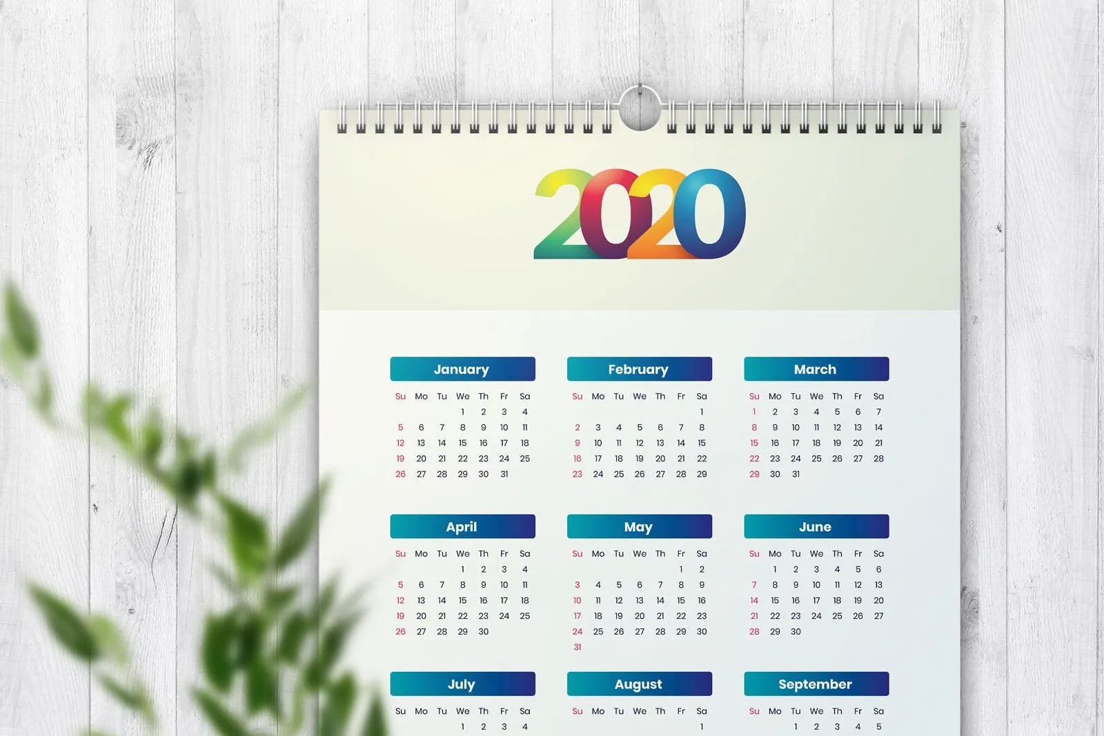极简风格2020年单页日历表设计模板 Simple Calendar 2020插图(1)