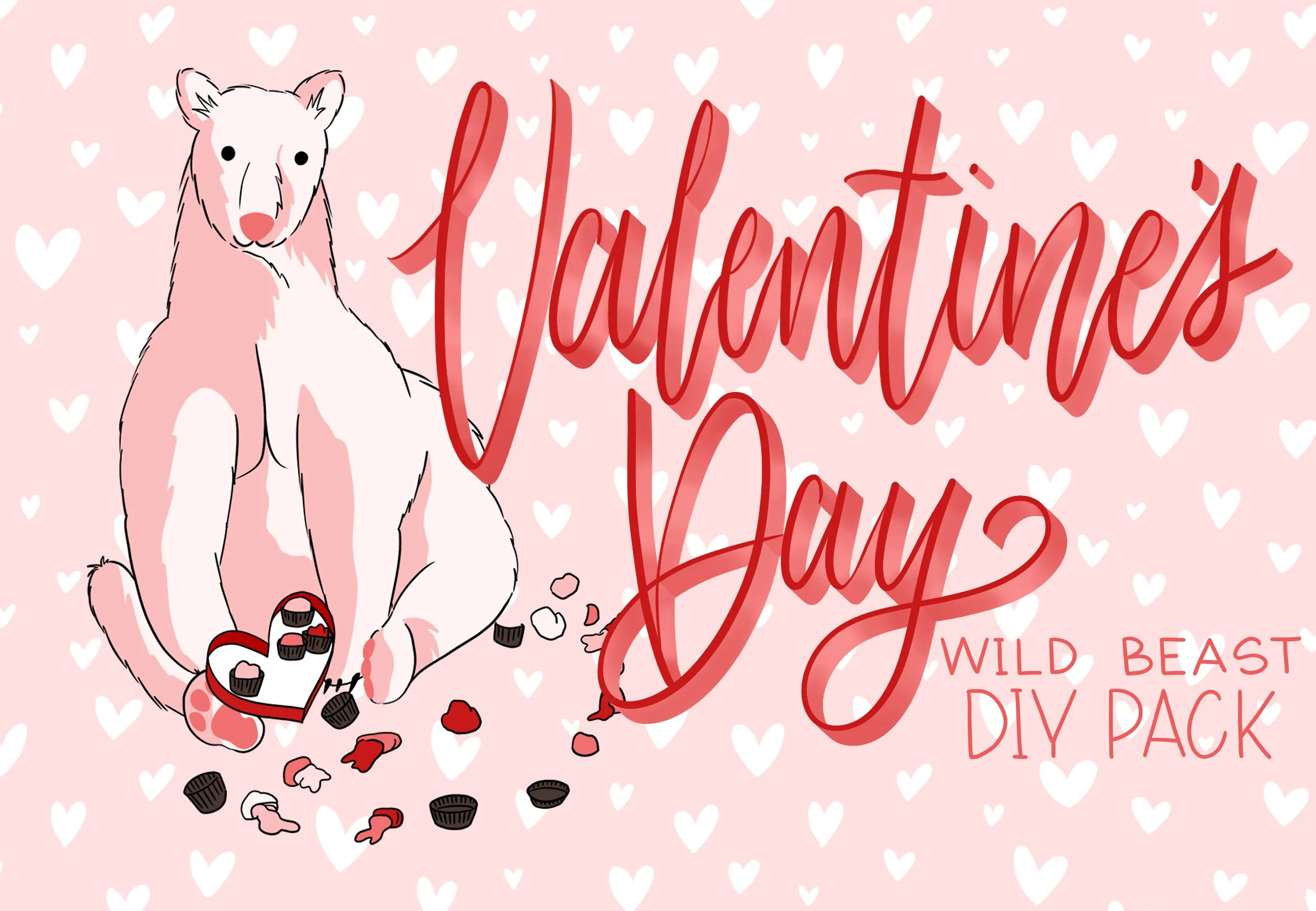 手绘风格的粉色野生动物情人节素材