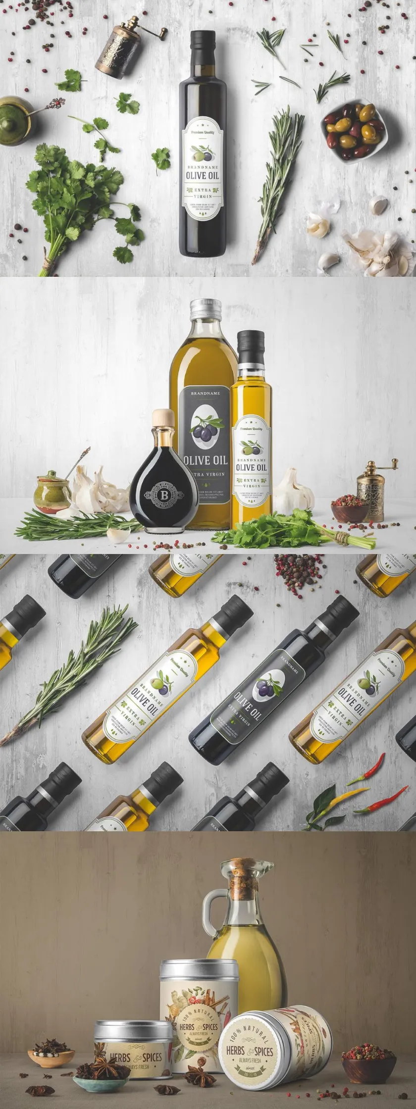 高端时尚的高品质橄榄油包装设计VI样机展示模型mockups