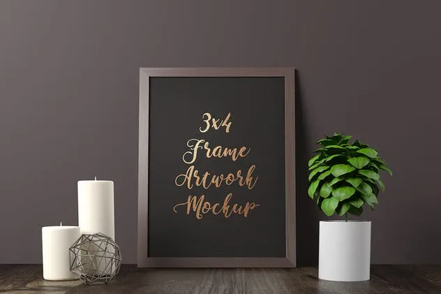 优雅黑色木纹画框样机 Frame Artwork Mockup – Dark Interior Set插图(4)