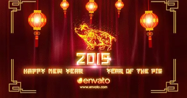 2019年猪年中国新年刺绣金猪特效视频片头像素设计精选AE模板 Chinese New Year 2019