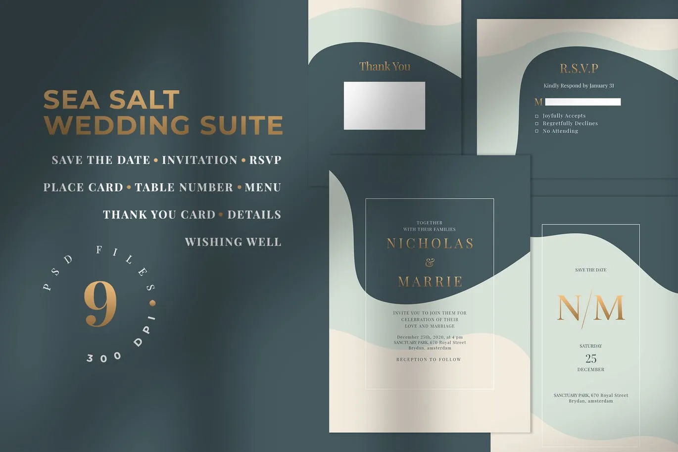 三色背景婚礼邀请设计素材包 SEA SALT#8211; Wedding Invitation Suite