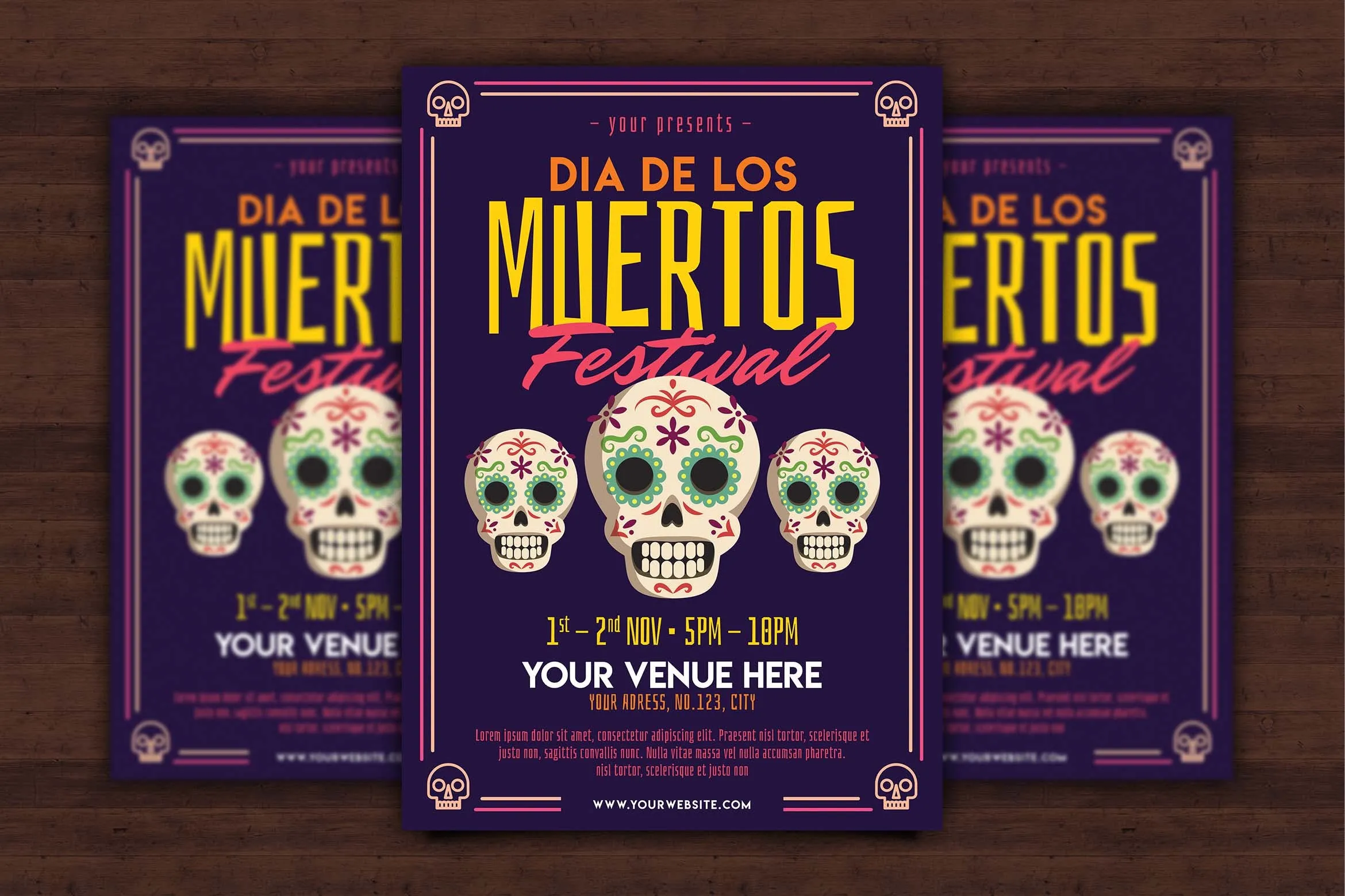 墨西哥亡灵节庆祝活动海报传单像素设计精选PSD模板 Dia de los Muertos Flyer