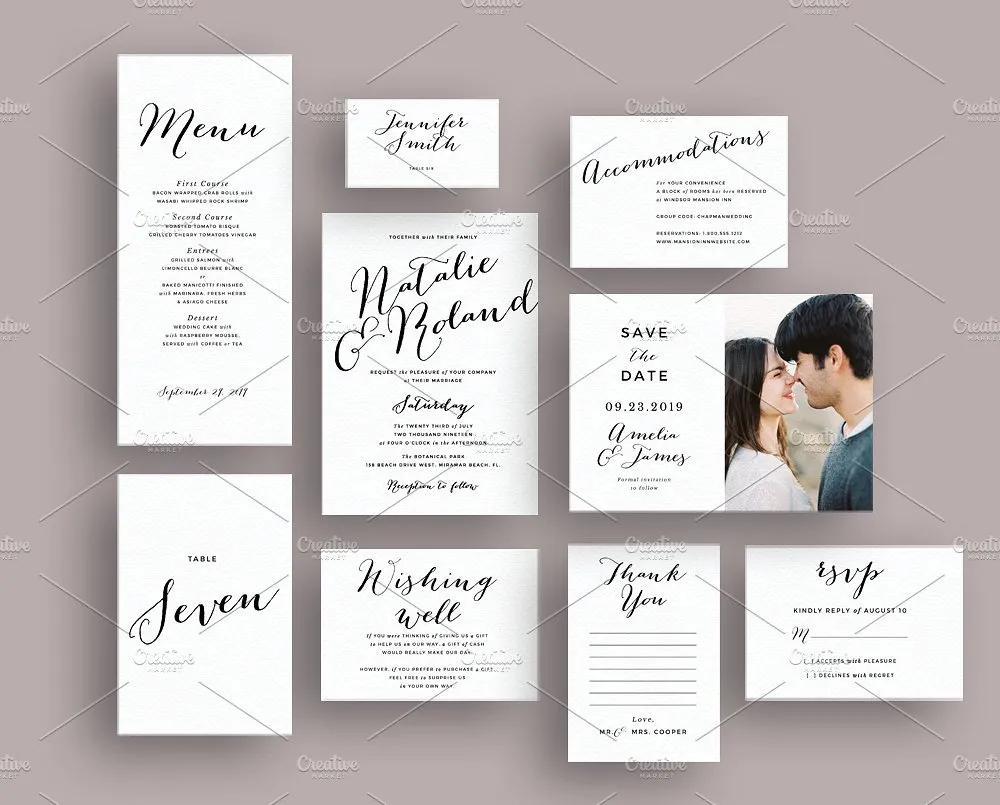 简约文字排版婚礼邀请函设计模板 Typography script wedding invite set