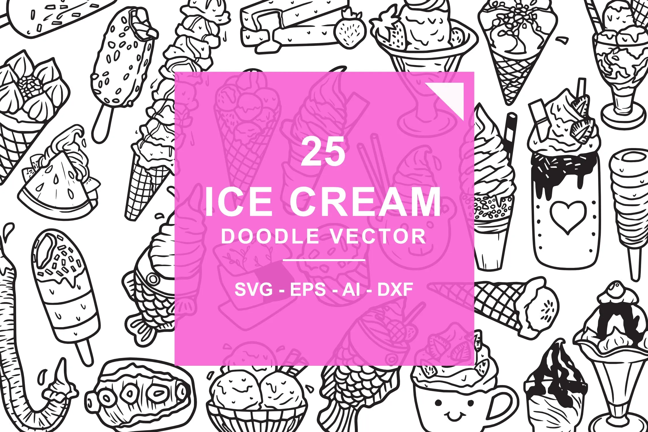25款冰淇淋涂鸦手绘图案设计素材 Ice Cream Doodle Vector