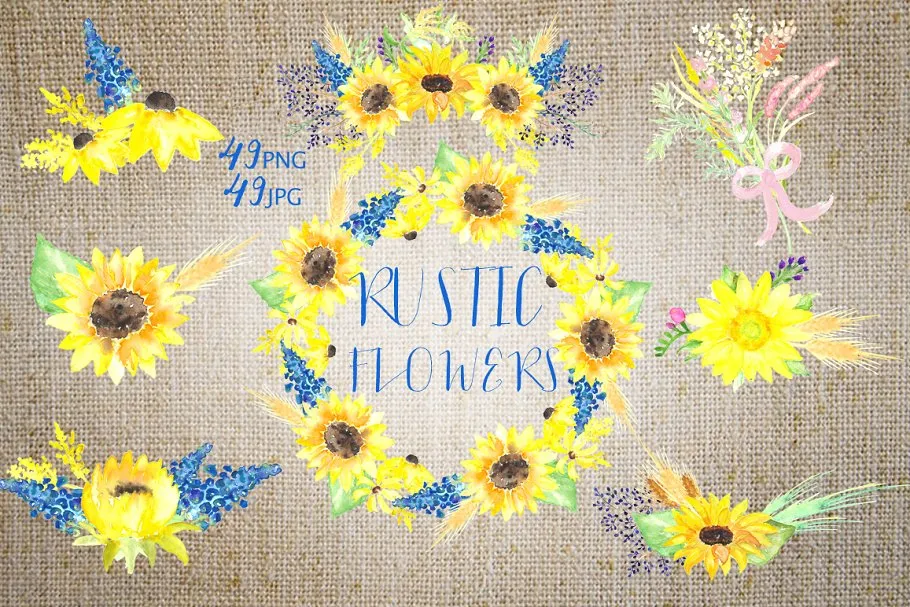 美丽手绘水彩田野草本植物插画 Sunflowers rustic watercolor clipart插图(1)