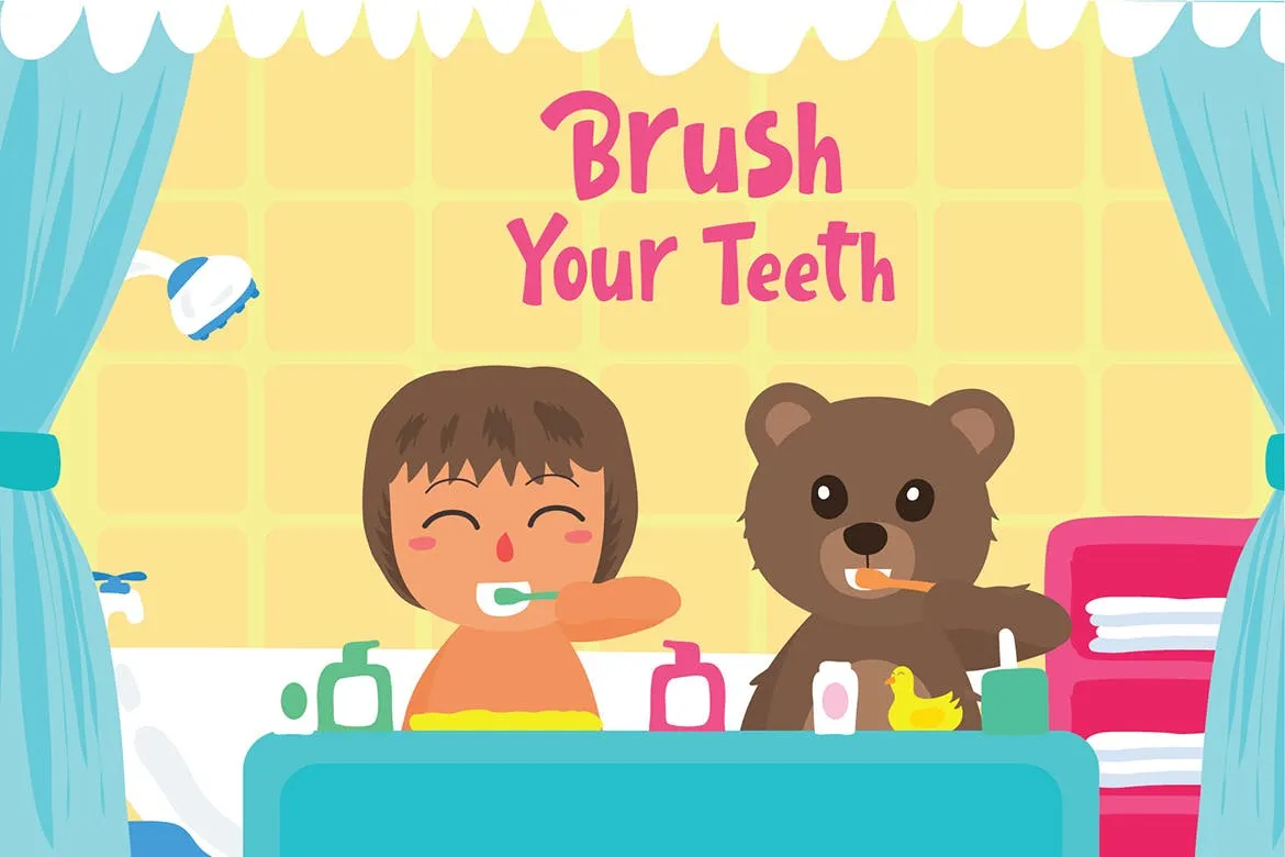 儿童爱牙护牙爱牙日主题矢量插画素材 Brush Teeth#8211; Vector Illustration