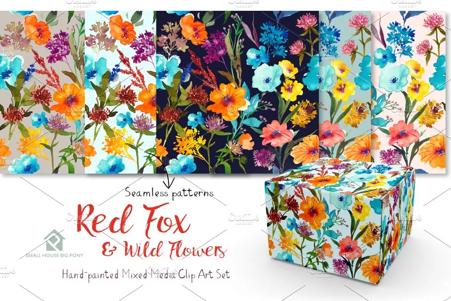 红狐与野花水彩剪贴画 Red Fox and Wild Flowers插图(4)