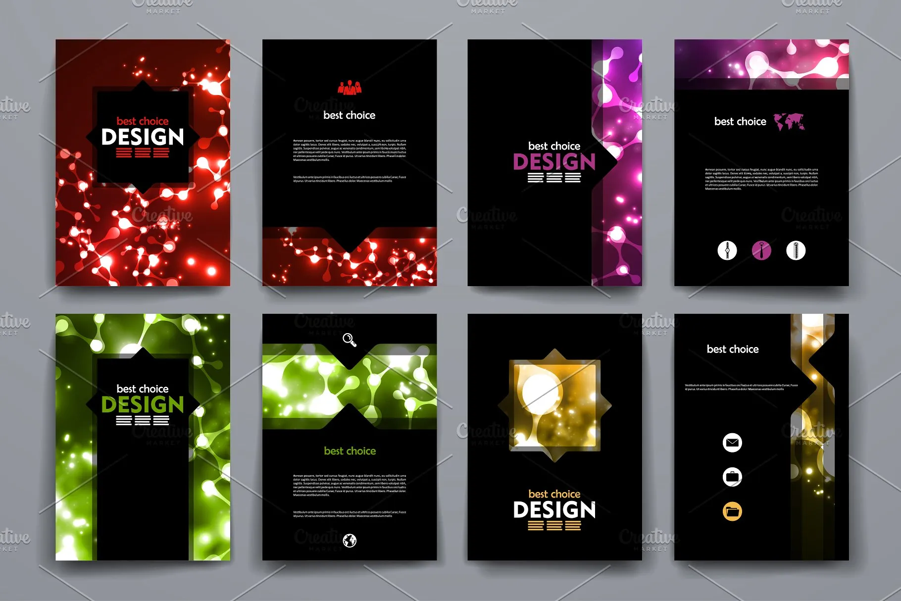 一组炫目霓虹灯图形小册子模板 Big Set of Neon Structure Brochures插图(1)