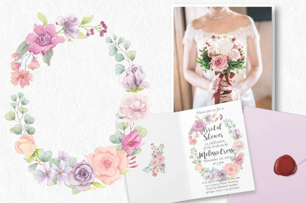 柔和色调水彩花环剪贴画素材库精选PNG素材 Three Watercolor Wreaths in Pastel Shades插图(1)