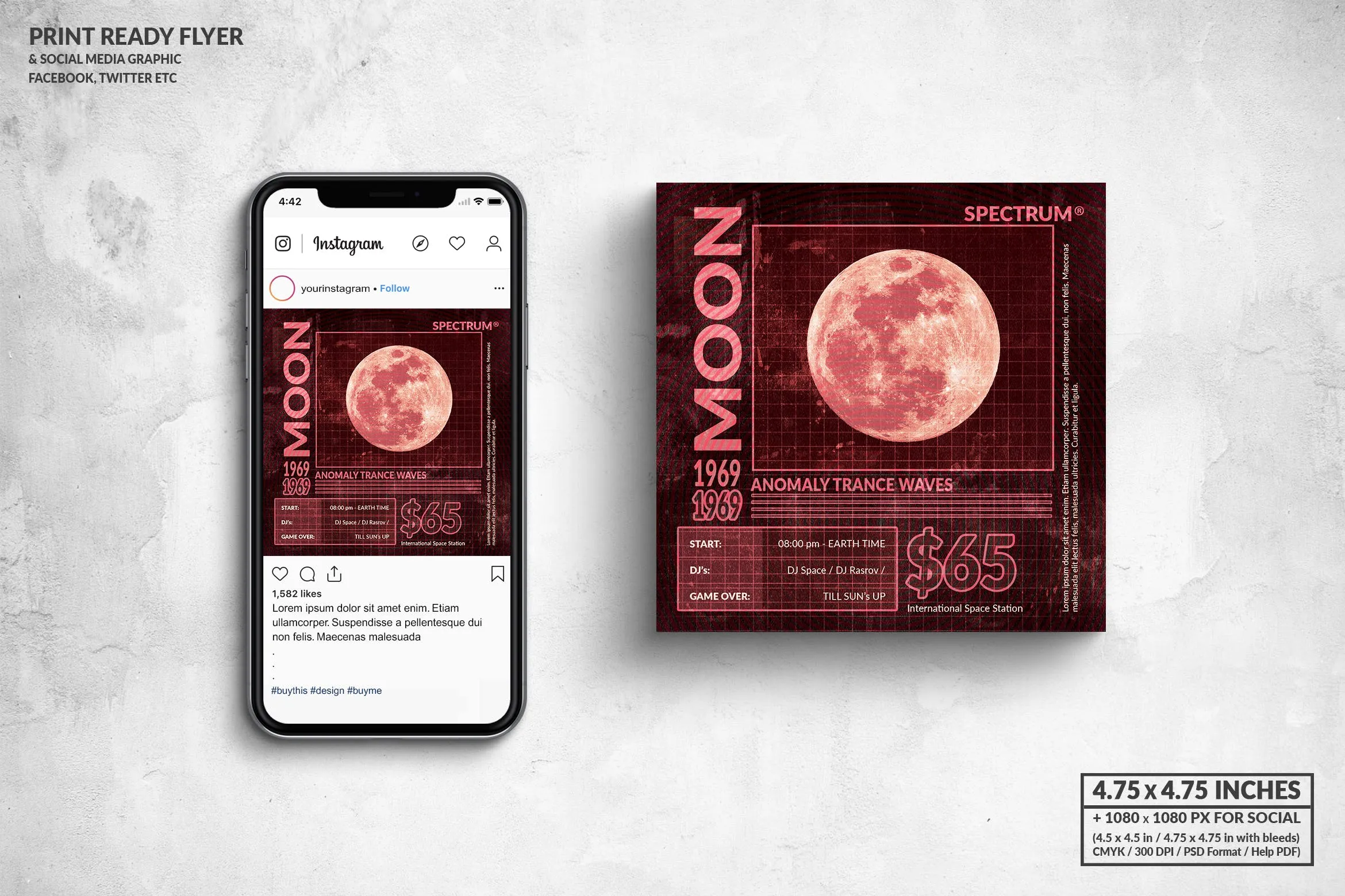 古典音乐会宣传单amp;社交广告设计模板 Moon Anomaly Music Square Flyeramp; Social Media