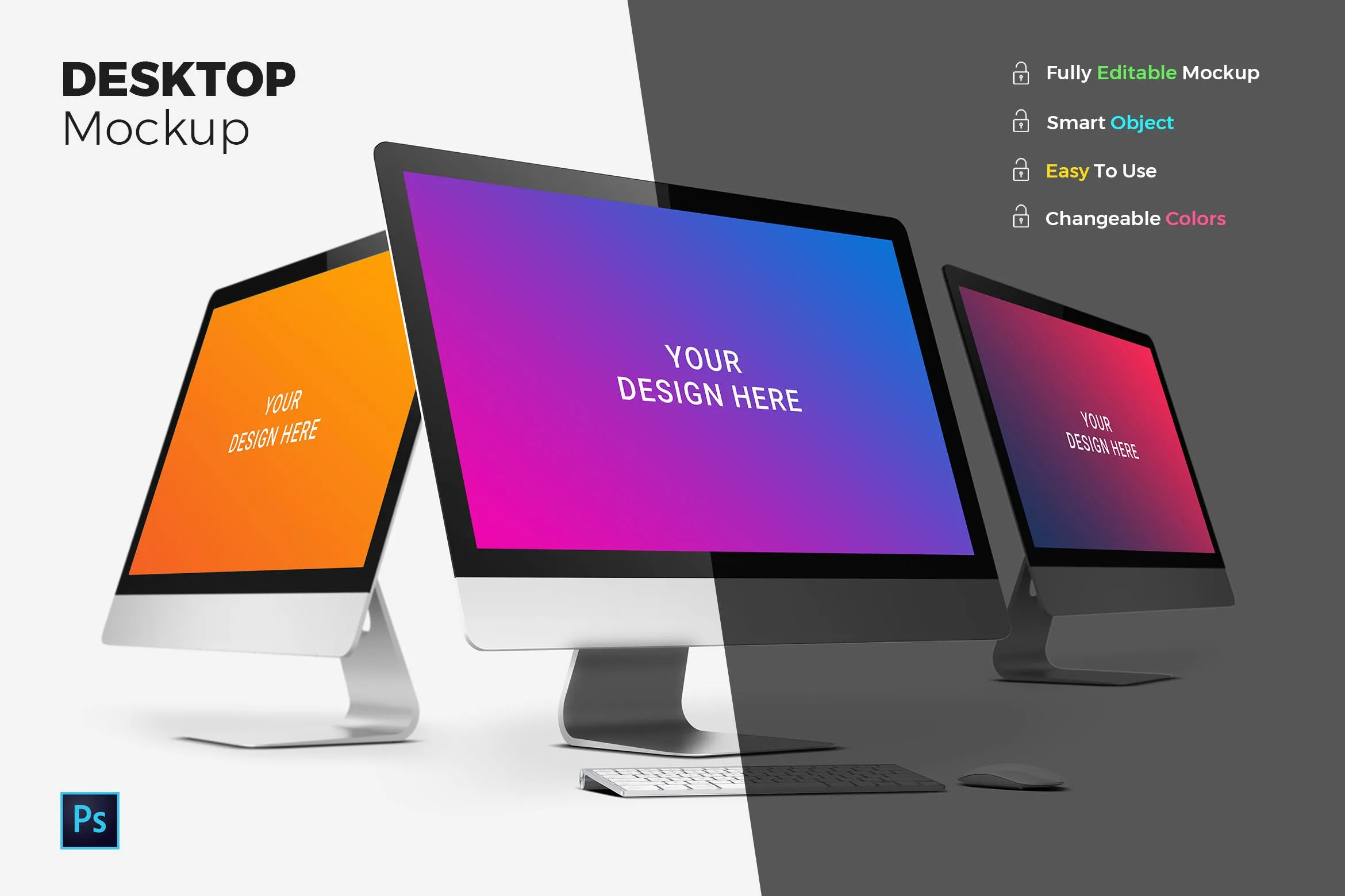 iMac一体机电脑多角度屏幕预览样机模板 Desktop Mockups