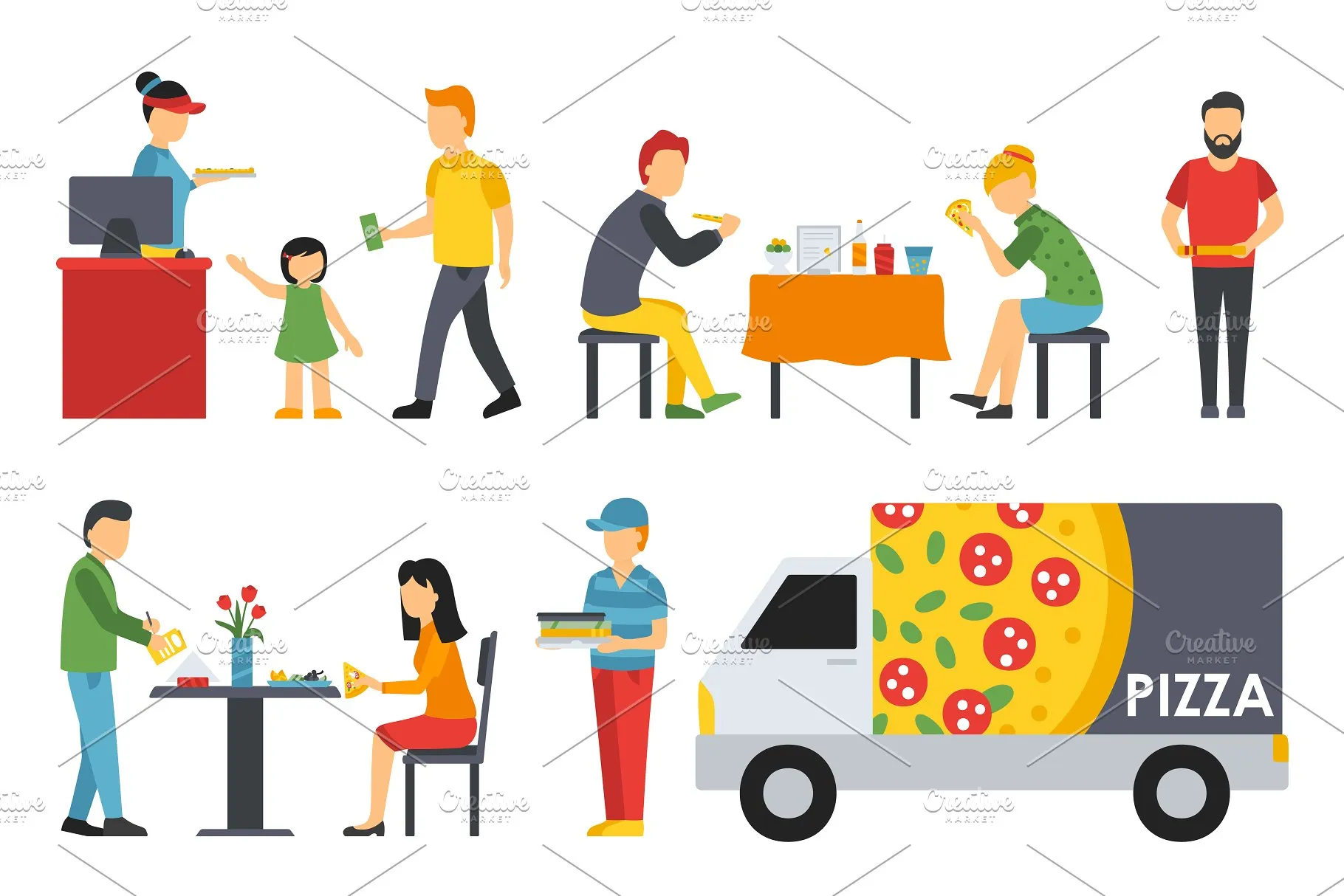 各式职业人员吃披萨形象扁平化设计矢量插画 Pizzeria – flat people set插图(12)