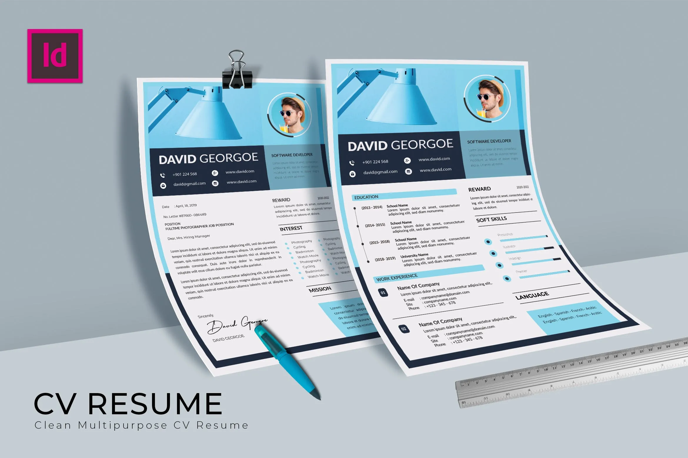软件开发工程师介绍信&素材库精选简历模板 Softy Blue CV Resume Template插图