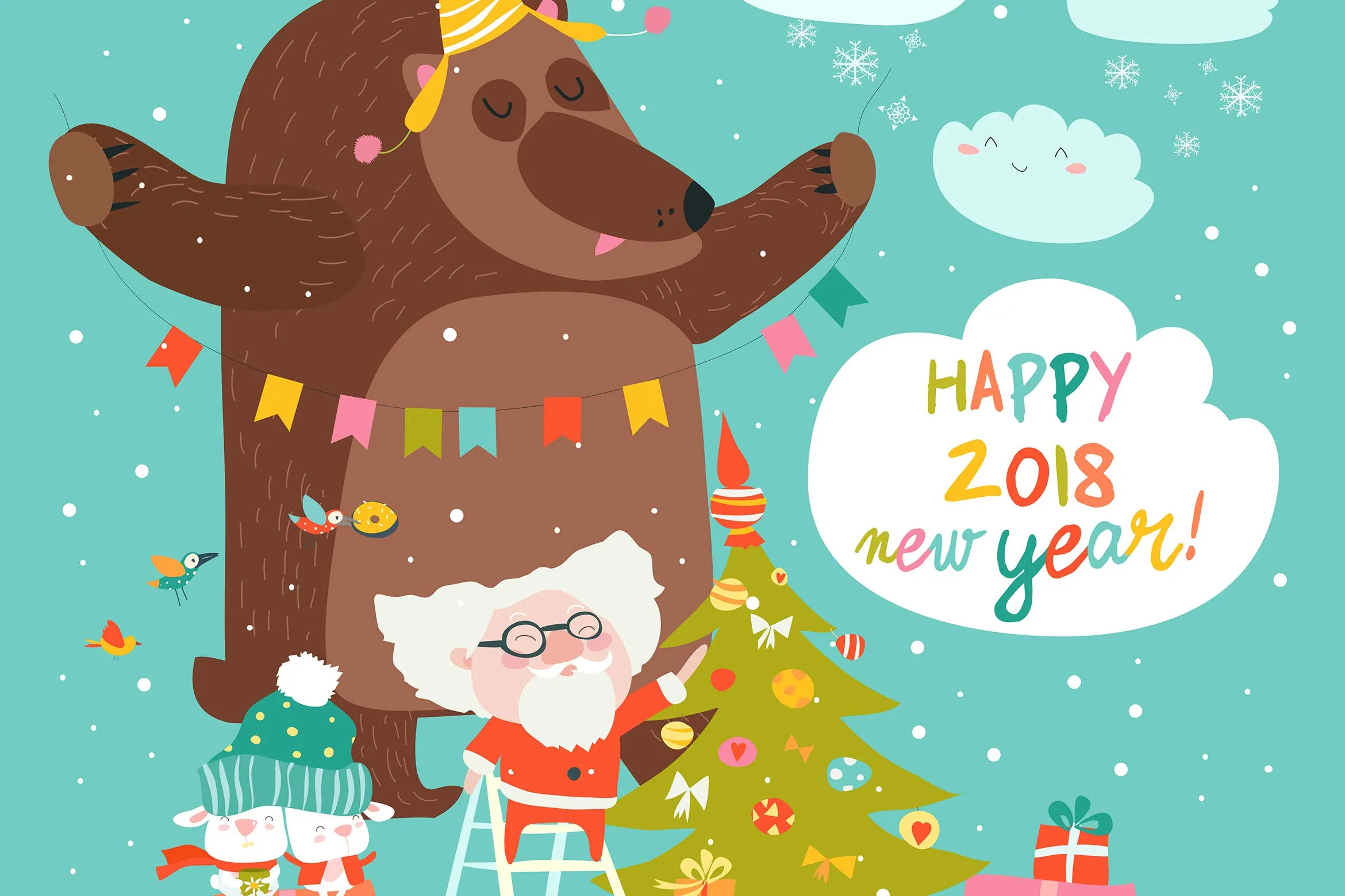 圣诞老人与熊圣诞贺卡矢量设计模板 Vector Christmas card with santa claus and bear