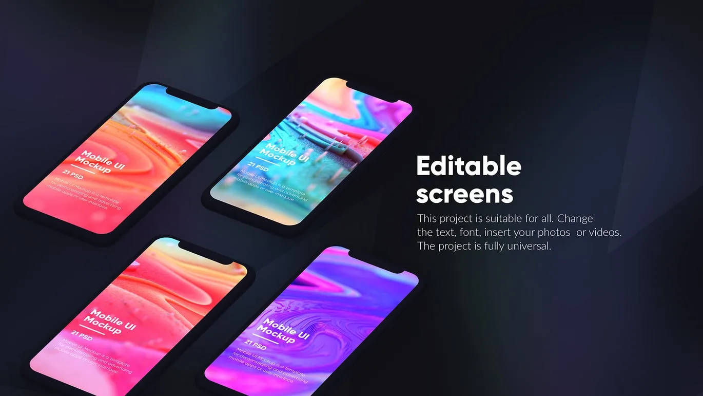 黑色iPhone手机UI界面设计效果图等距网格样机模板 Dark iPhone Mockup插图(2)
