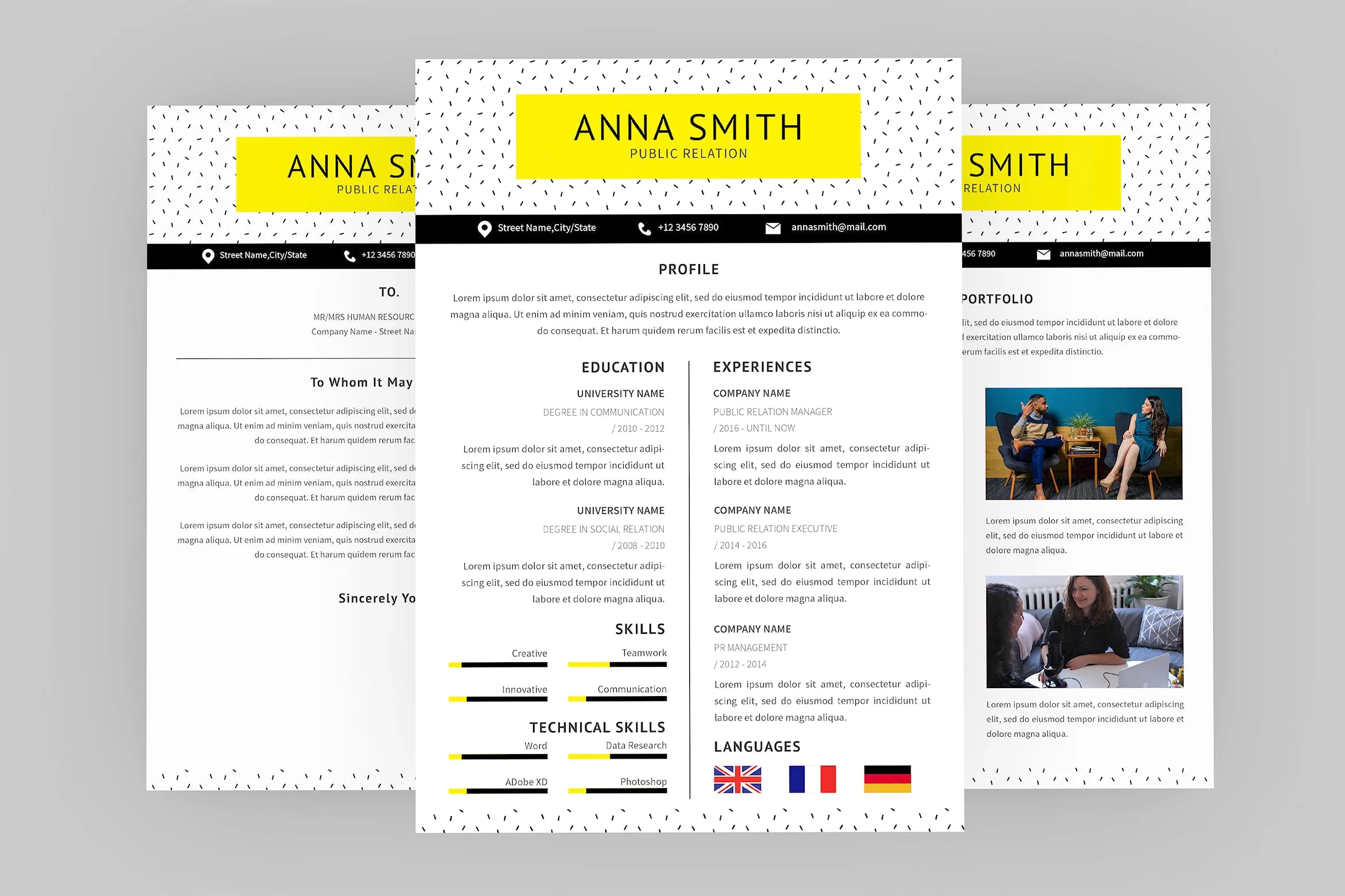 公共关系经理三合一简历表设计模板 Public Relation Resume Designer