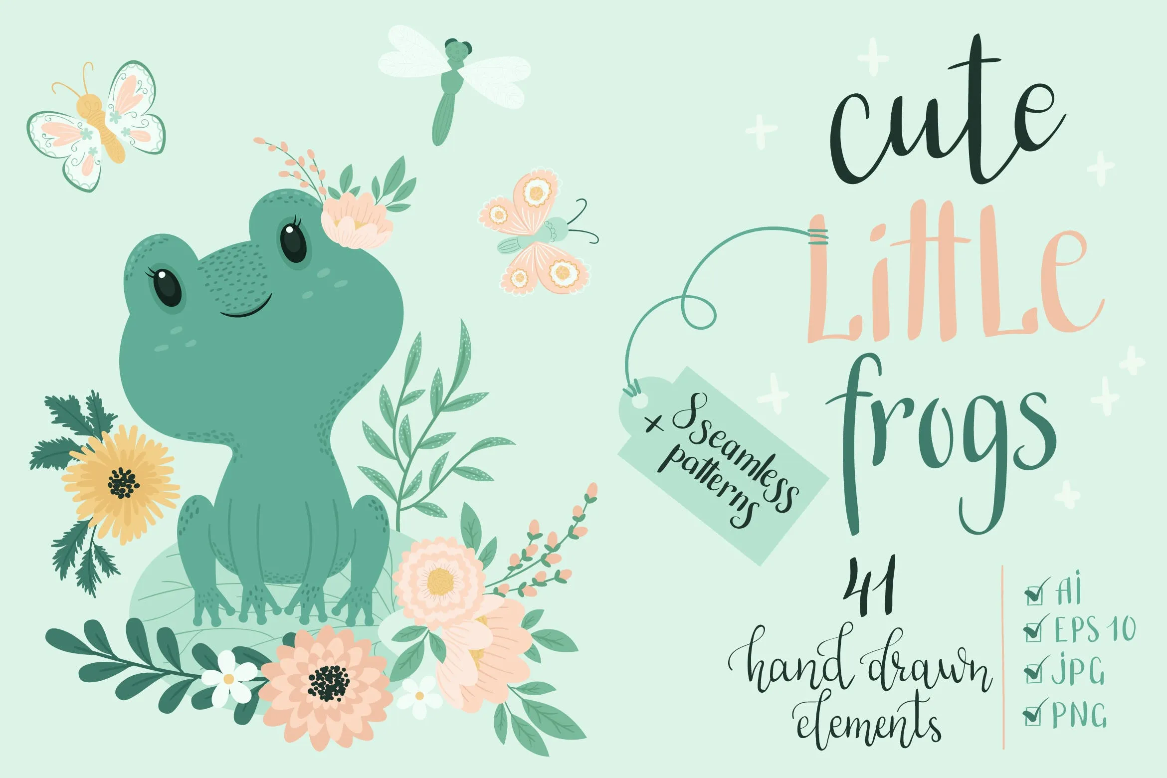 可爱小青蛙手绘矢量图形素材库精选设计素材 Cute Little Frogs Vector Graphic Set插图