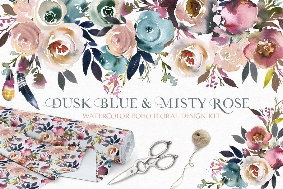 暗蓝色amp;薄雾玫瑰波希米亚式水彩花卉 Dusk Blueamp; Misty Rose Boho Flowers