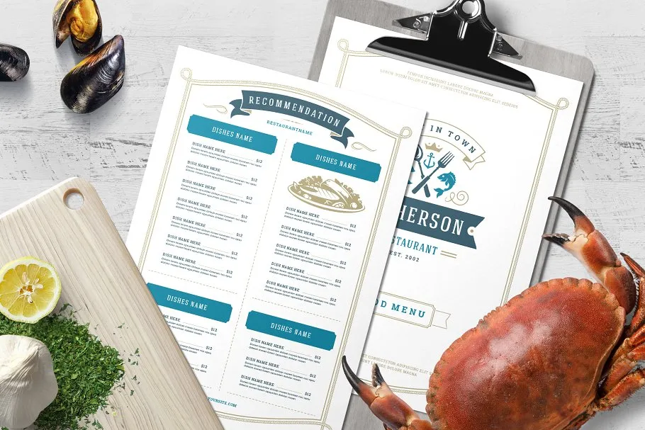 海鲜餐厅菜单模板amp;店招模板 Seafood Menu Template and Logo