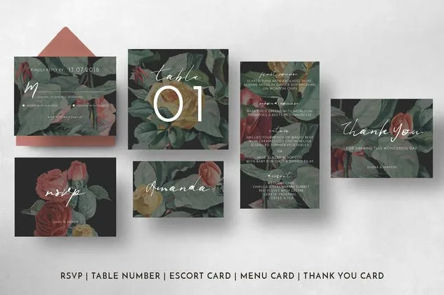 现代英式玫瑰插画婚礼邀请函设计模板套装 Modern English Garden Wedding Suite插图(5)