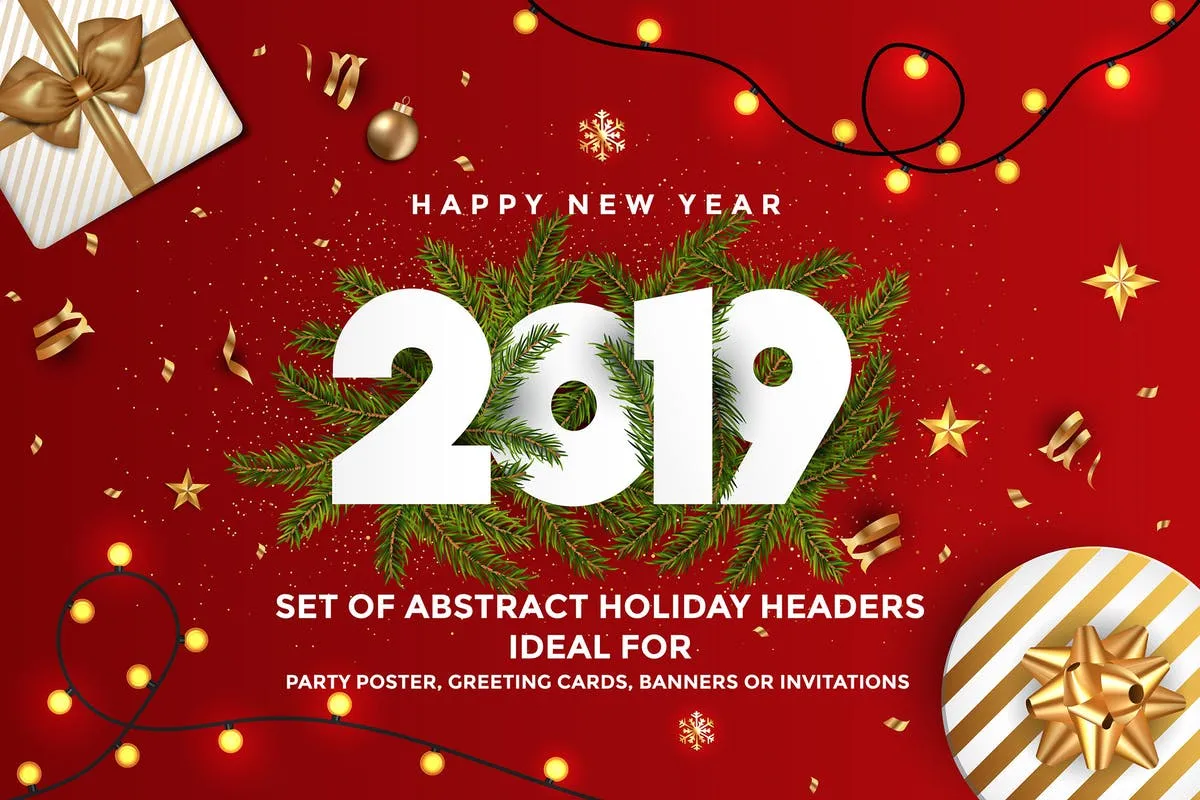 2019年新年猪年大红色贺卡设计模板 Happy New Year 2019 Greeting Cards插图