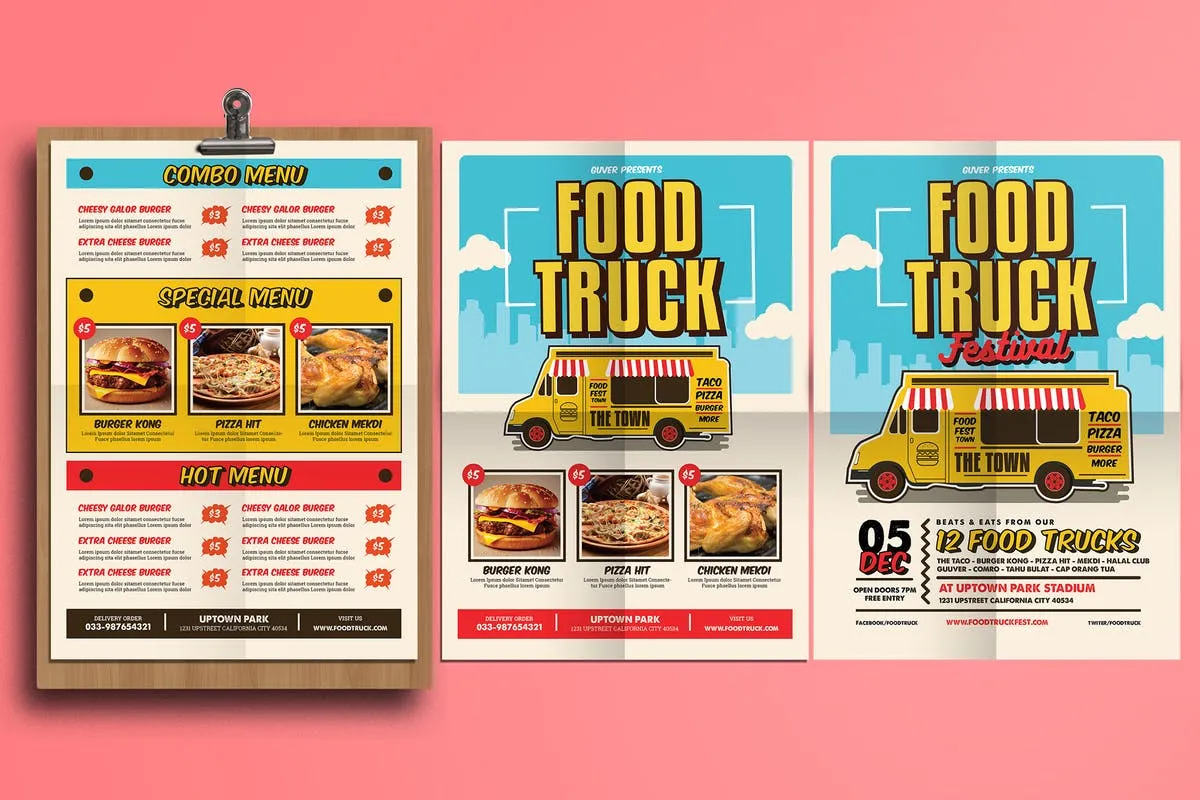 食品快餐车POP海报/菜单模板 Pop Art Food Truck Flyer/Menu插图