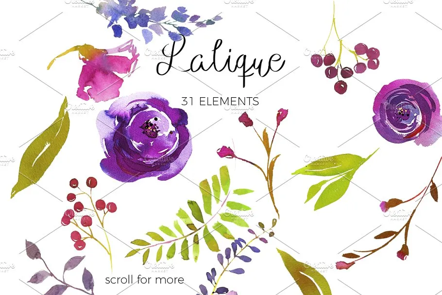 紫罗兰紫色花卉水彩剪贴画 Violet Purple Watercolor Flowers插图(2)