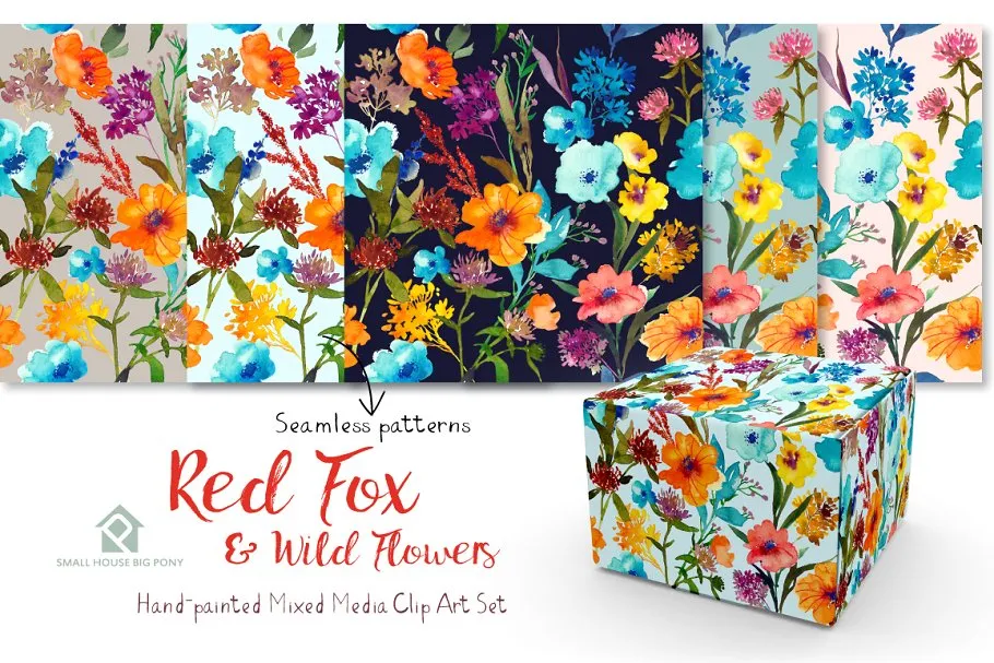 红狐与野花水彩剪贴画 Red Fox and Wild Flowers插图(5)