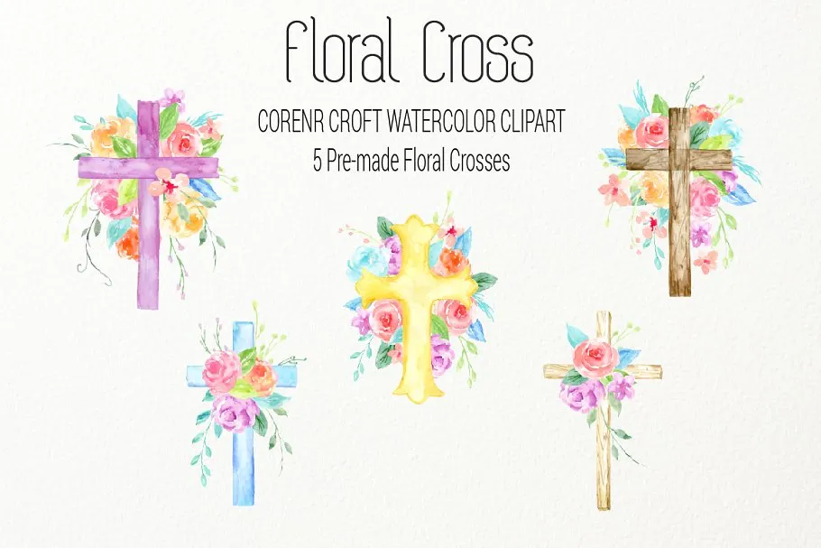 水彩艺术花卉十字架剪贴画 Watercolor clip Art Floral Cross插图(3)