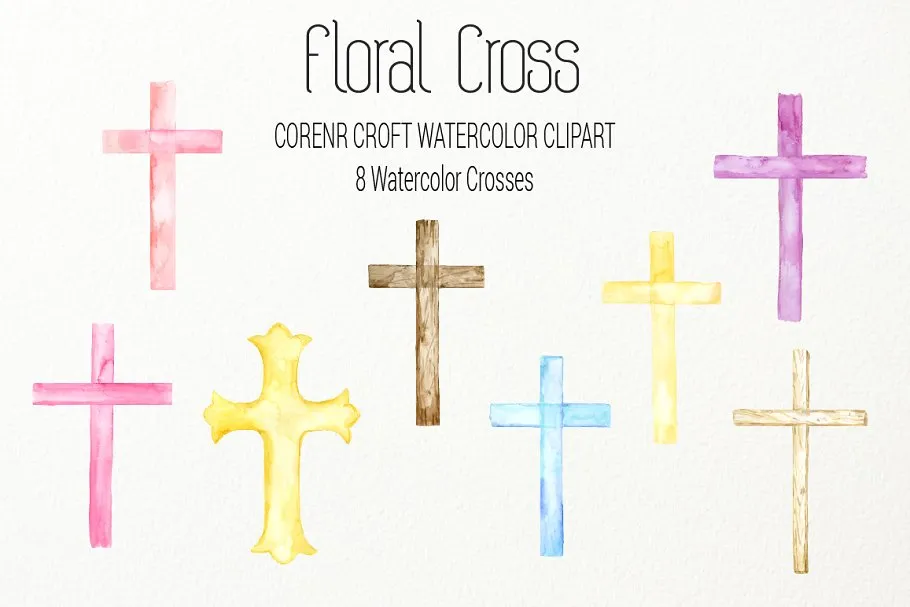 水彩艺术花卉十字架剪贴画 Watercolor clip Art Floral Cross插图(1)