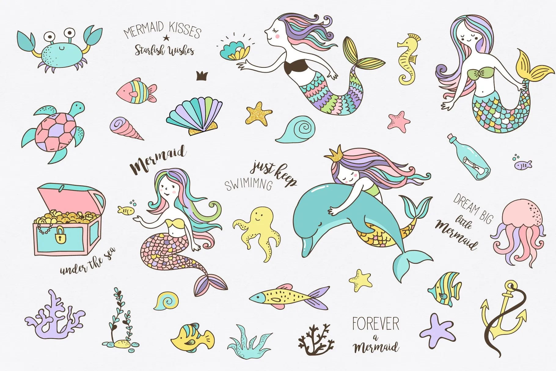 小美人鱼与海洋生物元素及贺卡模板 Little Mermaid – under the sea set插图(1)