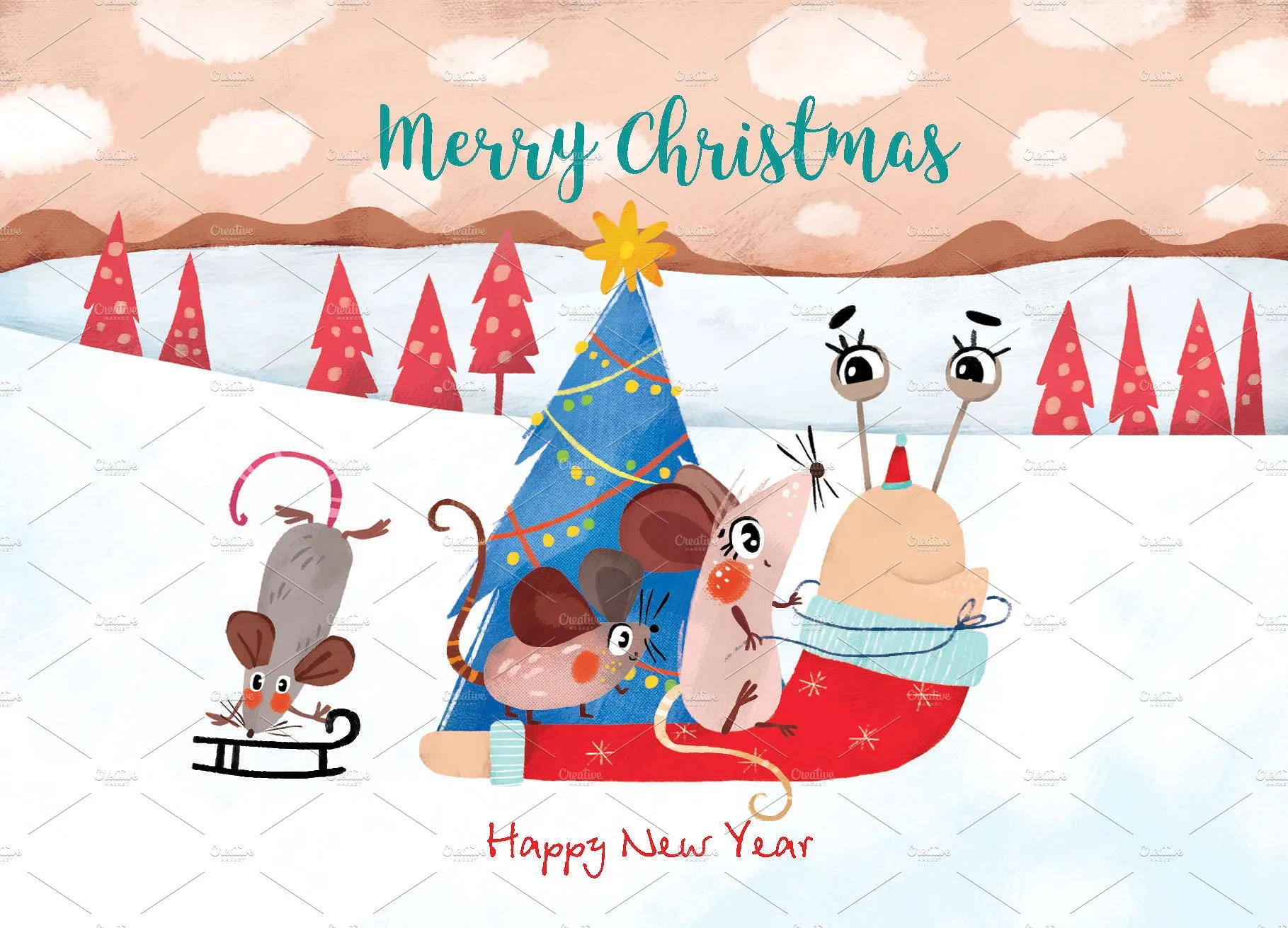 12张可爱手绘圣诞节明信片插图(5)