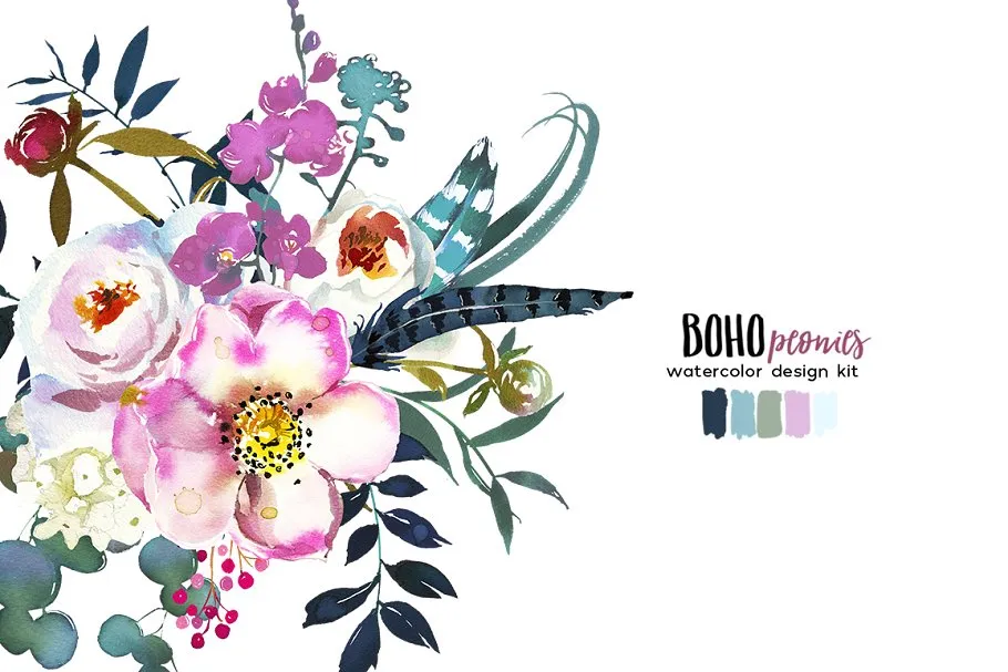 波西米亚风白色&粉色牡丹水彩剪贴画 Boho White Pink Peonies Watercolor插图(10)