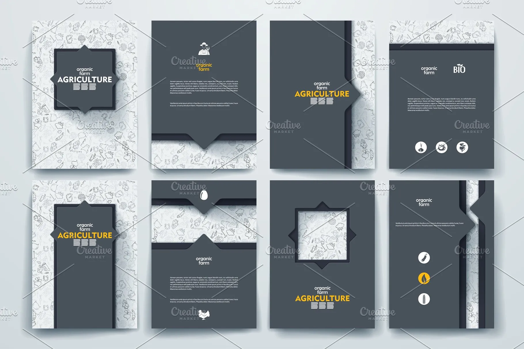 以农业为主题的涂鸦背景杂志画册模板 Set of agriculture brochures