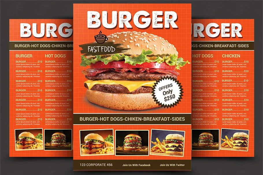 西式快餐面包店菜单设计模板 Restaurant Menu