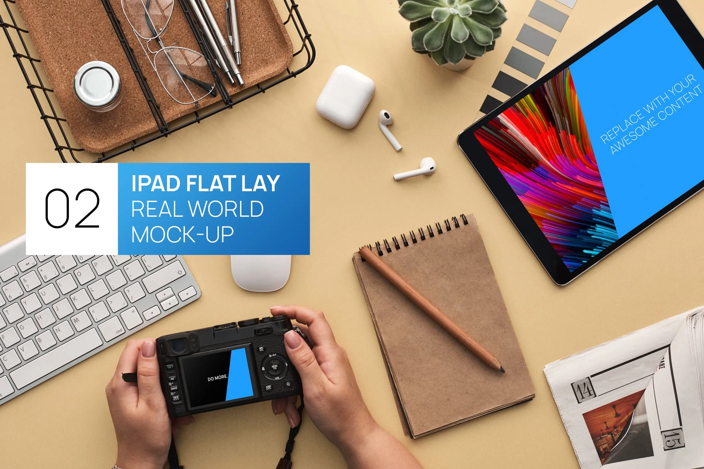 办公桌俯视图iPad Pro平板电脑素材库精选样机模板 iPad Pro Flat Lay Real World Photo Mock-up插图