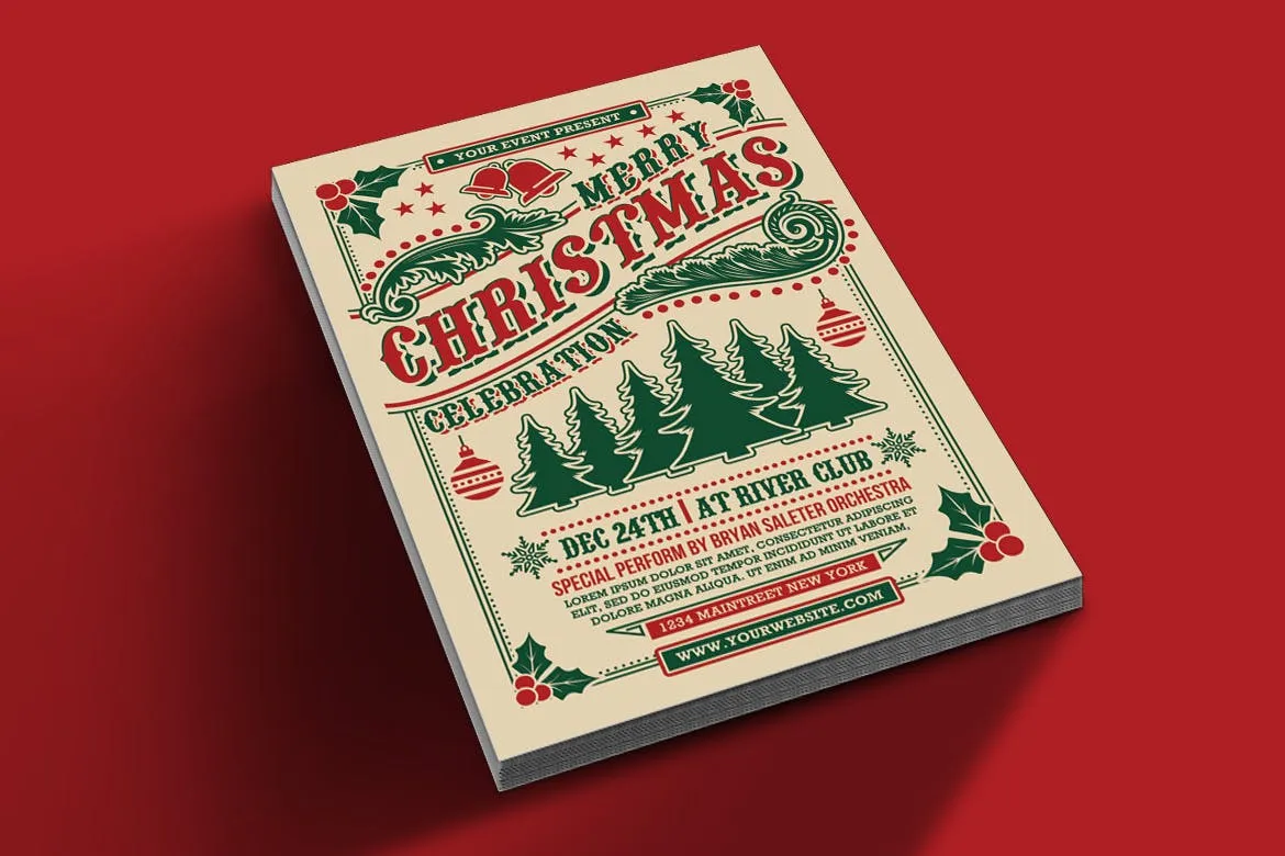 圣诞节庆祝活动复古海报传单设计模板 Christmas Celebration Flyer插图(1)