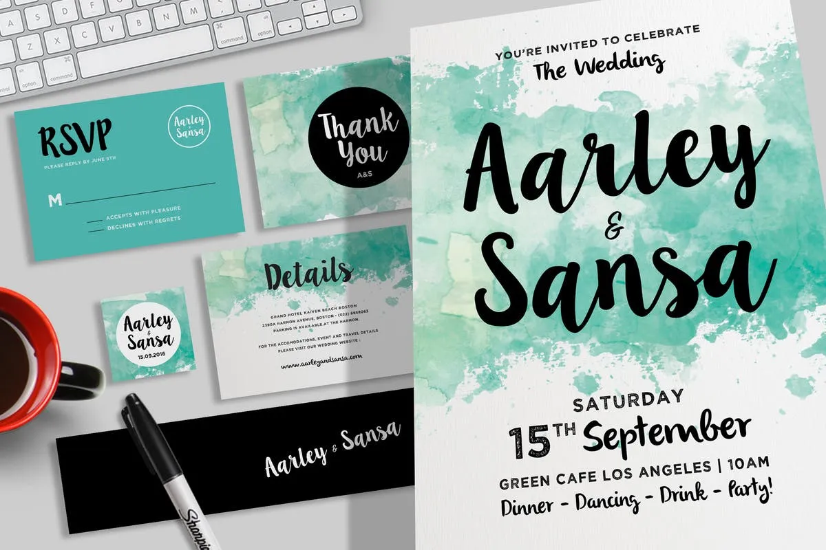 水彩风格婚礼婚宴邀请物设计素材集 Watercolor Wedding Invitation Set