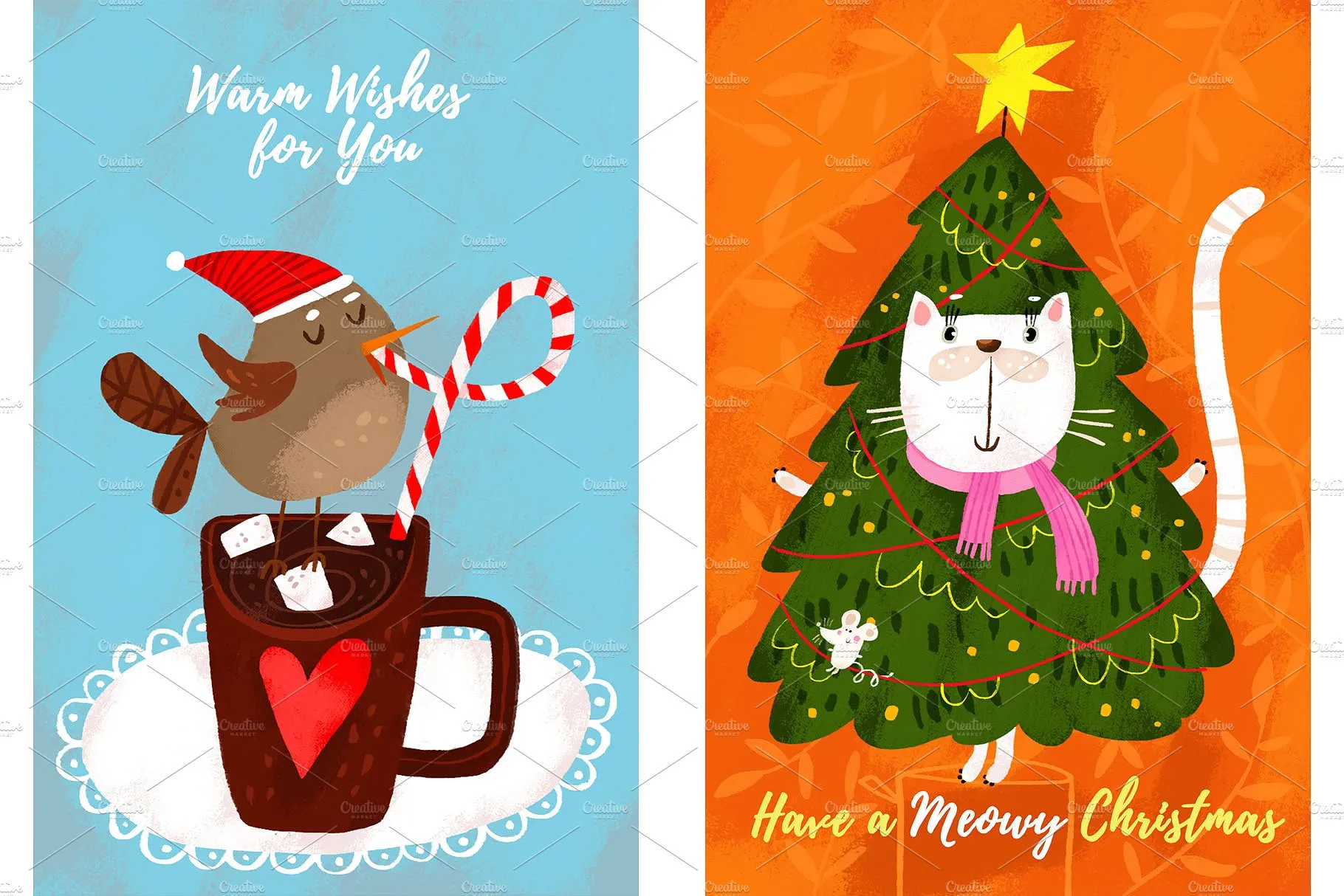 12张可爱手绘圣诞节明信片插图(3)